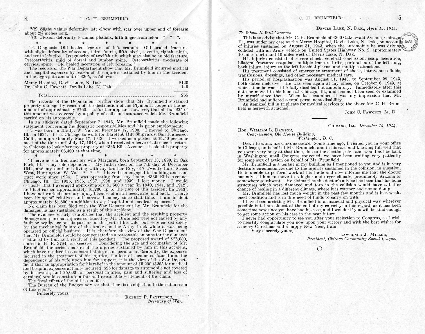 Memorandum from Frederick J. Bailey to M. C. Latta, H. R. 3784, For the Relief of C. H. Brumfield, with Attachments