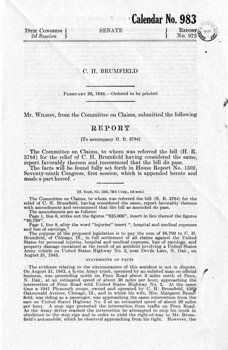 Memorandum from Frederick J. Bailey to M. C. Latta, H. R. 3784, For the Relief of C. H. Brumfield, with Attachments