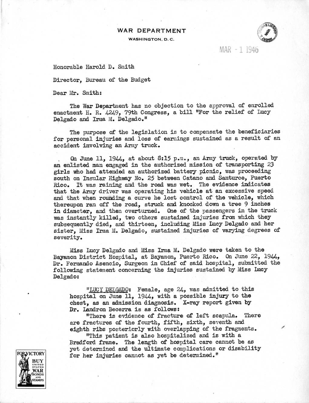 Memorandum from Frederick J. Bailey to M. C. Latta, H. R. 4249, For the Relief of Lucy Delgado and Irma M. Delgado, with Attachments