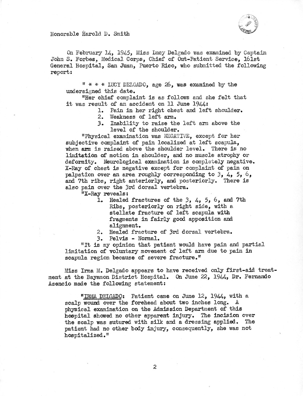 Memorandum from Frederick J. Bailey to M. C. Latta, H. R. 4249, For the Relief of Lucy Delgado and Irma M. Delgado, with Attachments