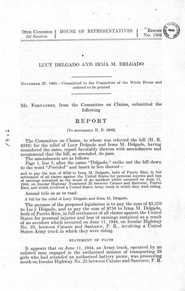 Memorandum from Frederick J. Bailey to M. C. Latta, H. R. 4249, For the Relief of Lucy Delgado and Irma M. Delgado, with Attachments