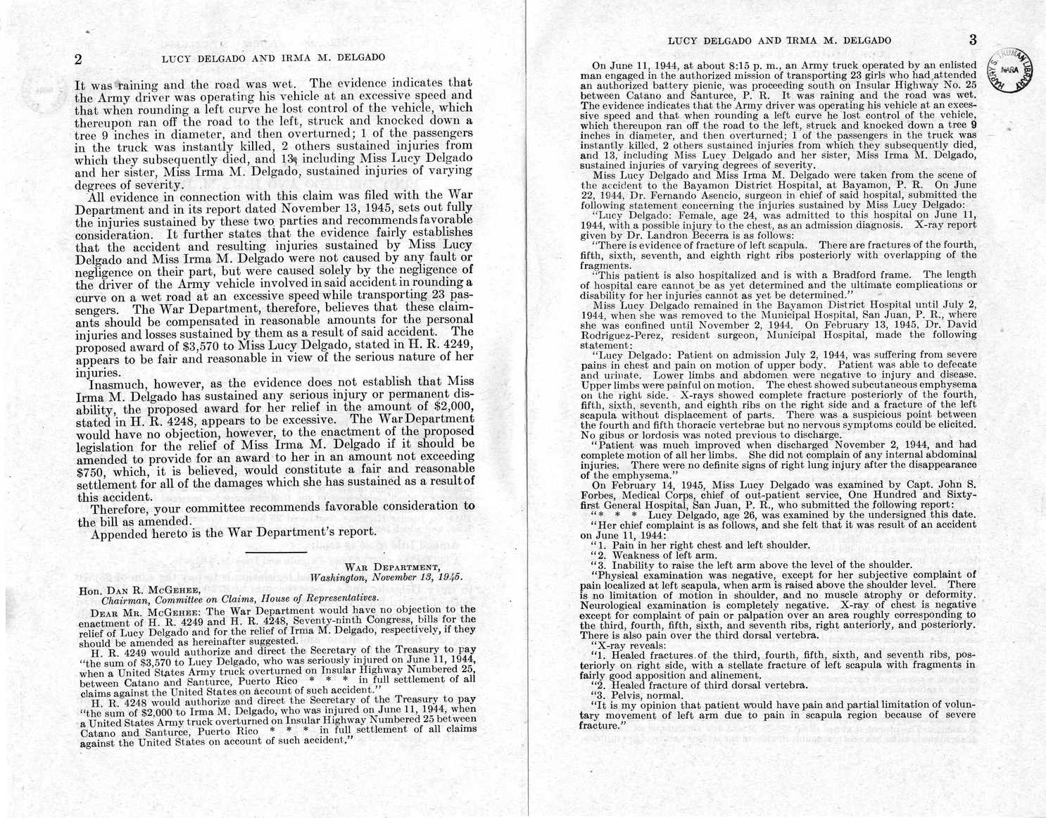 Memorandum from Frederick J. Bailey to M. C. Latta, H. R. 4249, For the Relief of Lucy Delgado and Irma M. Delgado, with Attachments