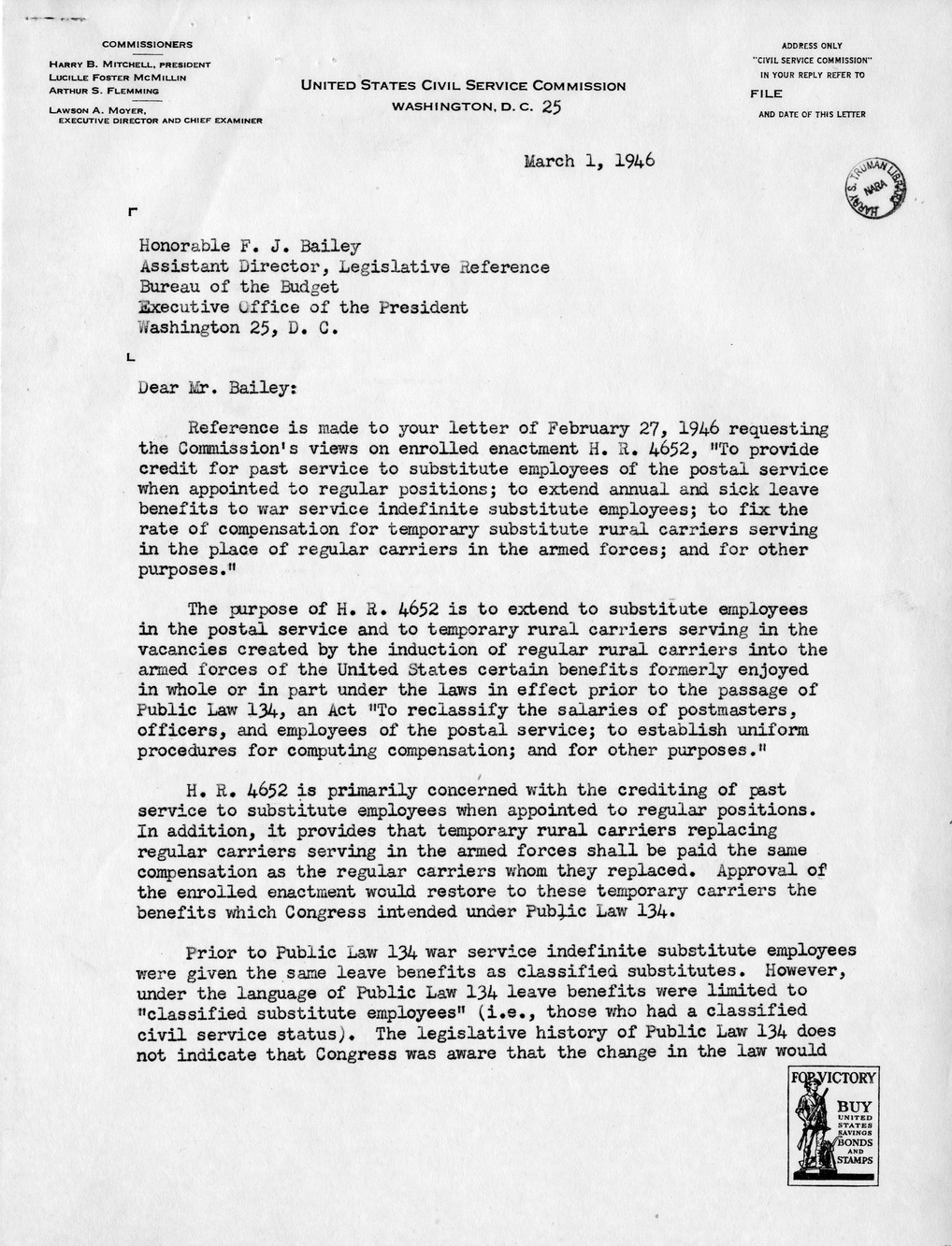 Memorandum from Paul H. Appleby to M. C. Latta, H. R. 4652, To Provide Credit for Past Service to Substitute Employees of the Postal Service When Appointed to Regular Positions; To Extend Annual and Sick Leave Benefits to War Service Indefinite Service Employees; to Fix the Rate of Compensation for Temporary Service Rural Carriers Serving in the Place of Regular Carriers in the Armed Forces, with Attachments