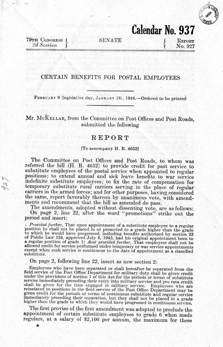 Memorandum from Paul H. Appleby to M. C. Latta, H. R. 4652, To Provide Credit for Past Service to Substitute Employees of the Postal Service When Appointed to Regular Positions; To Extend Annual and Sick Leave Benefits to War Service Indefinite Service Employees; to Fix the Rate of Compensation for Temporary Service Rural Carriers Serving in the Place of Regular Carriers in the Armed Forces, with Attachments