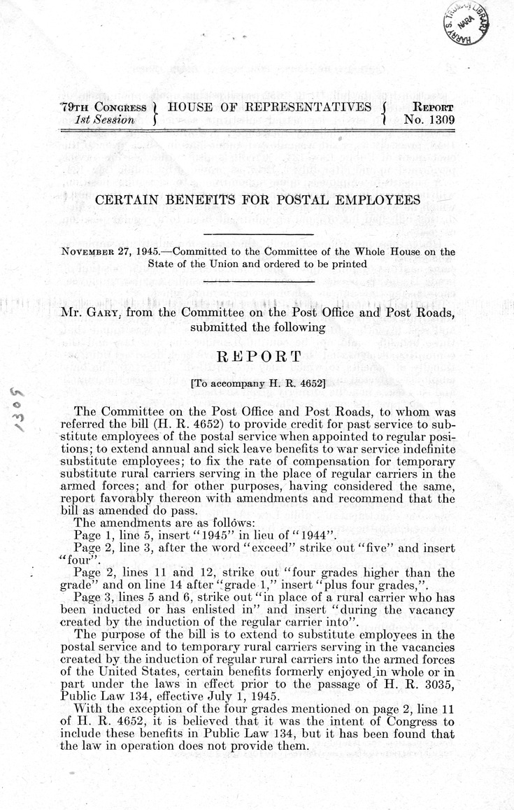 Memorandum from Paul H. Appleby to M. C. Latta, H. R. 4652, To Provide Credit for Past Service to Substitute Employees of the Postal Service When Appointed to Regular Positions; To Extend Annual and Sick Leave Benefits to War Service Indefinite Service Employees; to Fix the Rate of Compensation for Temporary Service Rural Carriers Serving in the Place of Regular Carriers in the Armed Forces, with Attachments