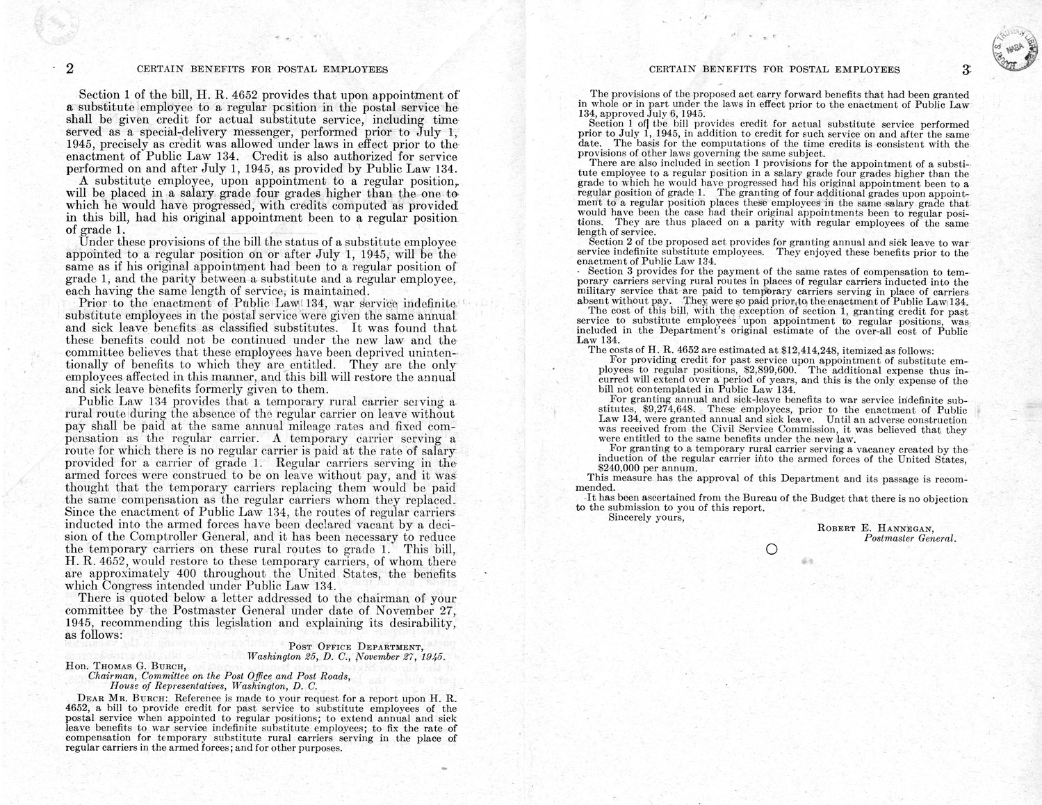 Memorandum from Paul H. Appleby to M. C. Latta, H. R. 4652, To Provide Credit for Past Service to Substitute Employees of the Postal Service When Appointed to Regular Positions; To Extend Annual and Sick Leave Benefits to War Service Indefinite Service Employees; to Fix the Rate of Compensation for Temporary Service Rural Carriers Serving in the Place of Regular Carriers in the Armed Forces, with Attachments