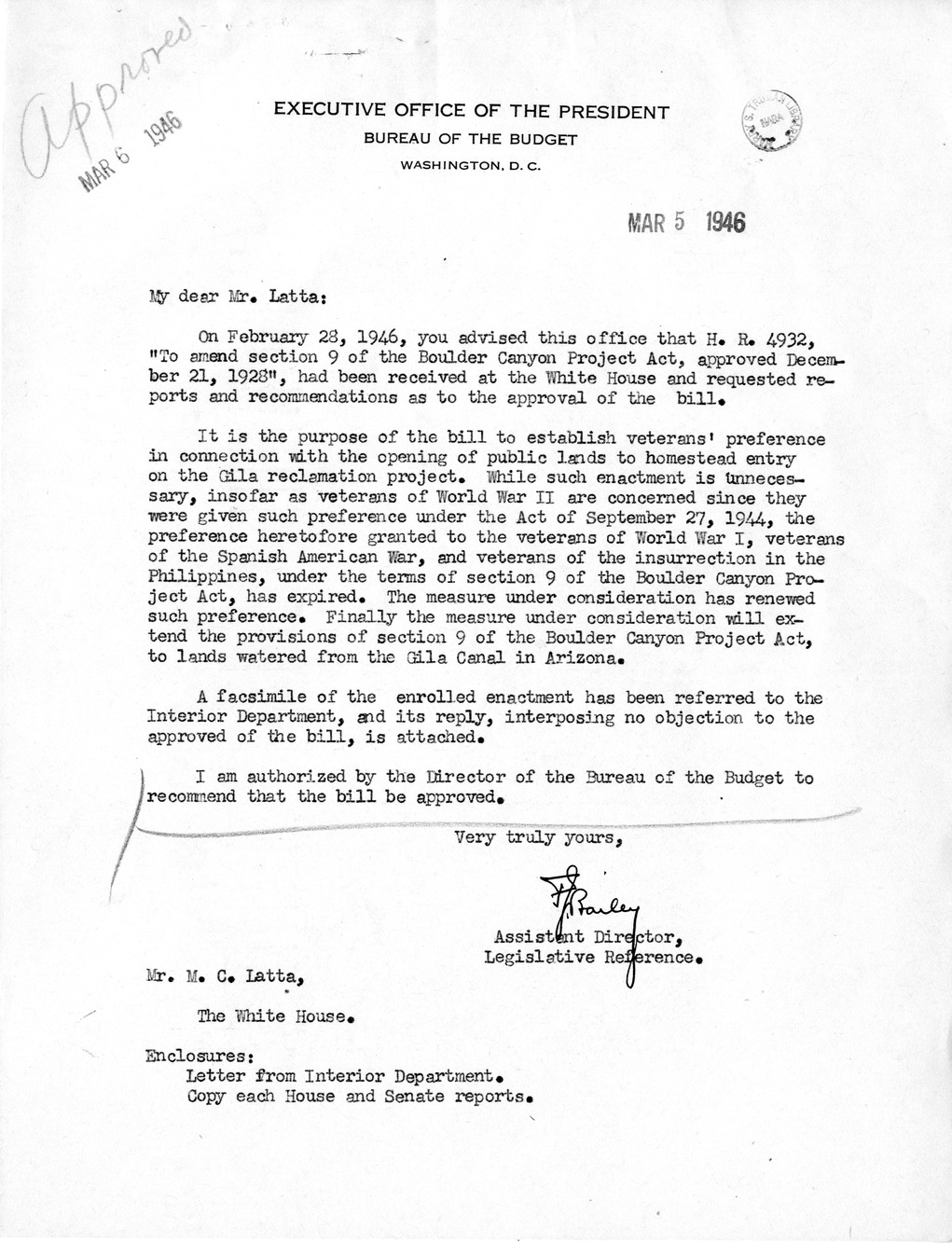 Memorandum from Frederick J. Bailey to M. C. Latta, H. R. 4932, To Amend Section 9 of the Boulder Canyon Project Act, Approved December 21, 1928, with Attachments