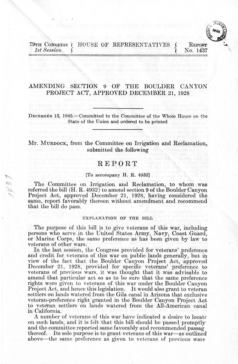 Memorandum from Frederick J. Bailey to M. C. Latta, H. R. 4932, To Amend Section 9 of the Boulder Canyon Project Act, Approved December 21, 1928, with Attachments