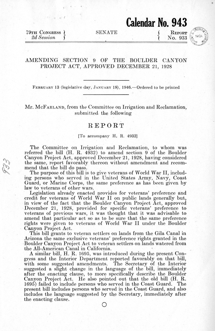 Memorandum from Frederick J. Bailey to M. C. Latta, H. R. 4932, To Amend Section 9 of the Boulder Canyon Project Act, Approved December 21, 1928, with Attachments