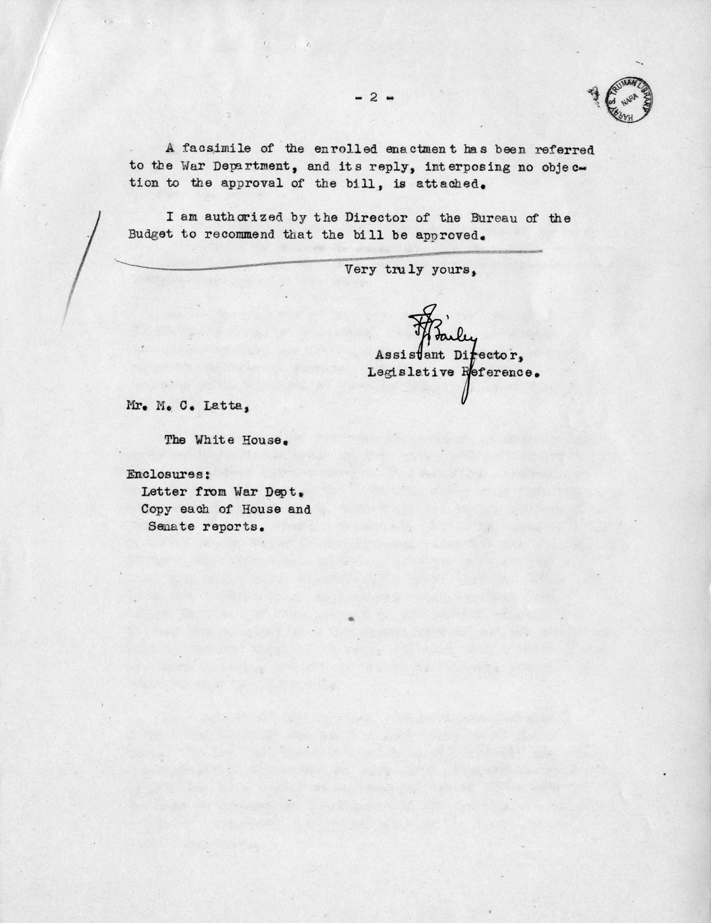 Memorandum from Frederick J. Bailey to M. C. Latta, S. 1129, For the Relief of Willie H. Johnson, with Attachments