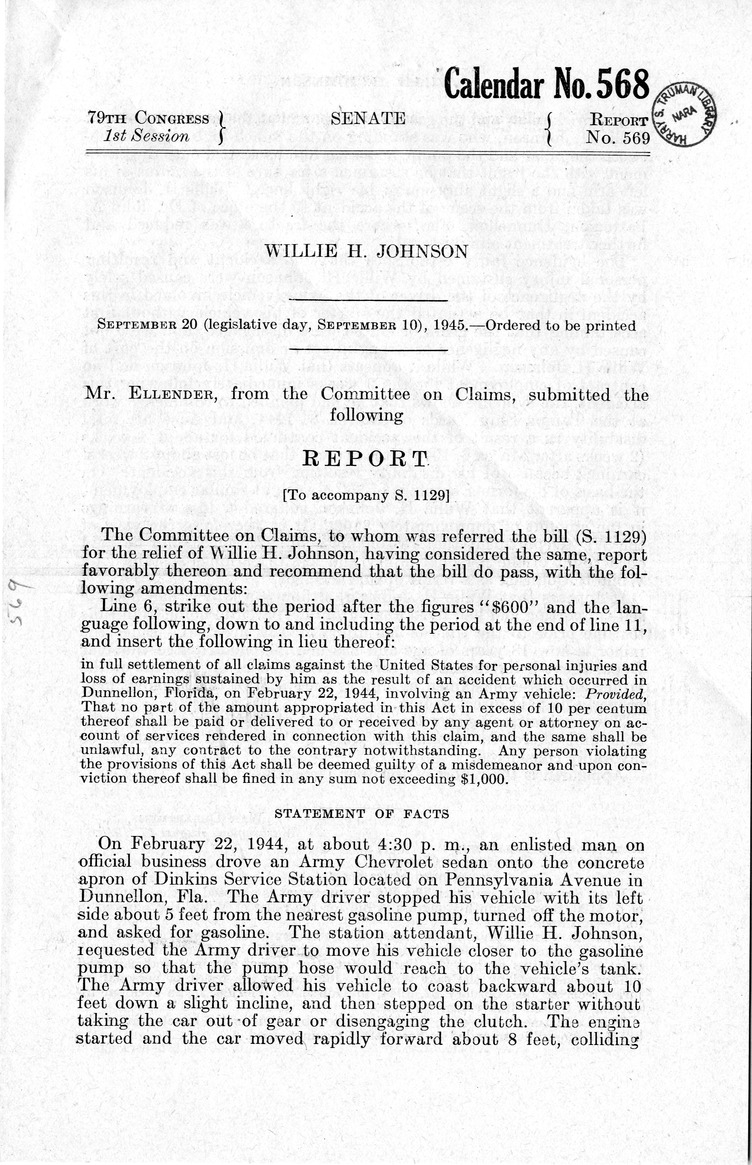 Memorandum from Frederick J. Bailey to M. C. Latta, S. 1129, For the Relief of Willie H. Johnson, with Attachments