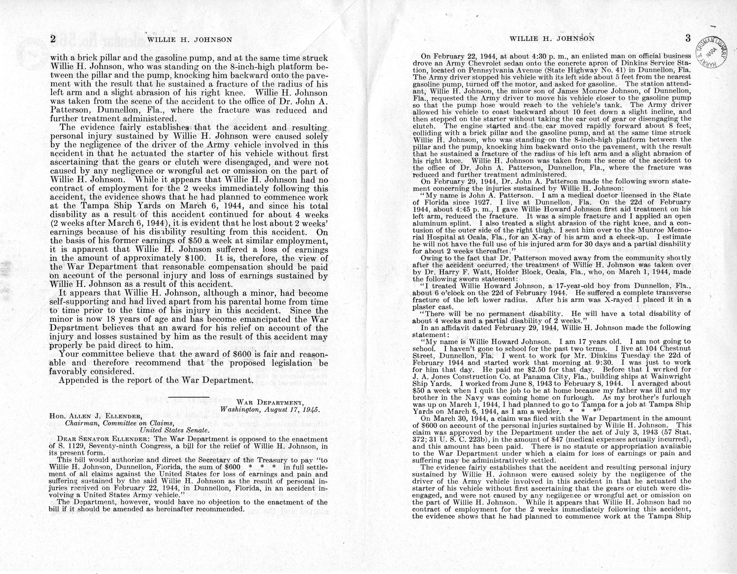 Memorandum from Frederick J. Bailey to M. C. Latta, S. 1129, For the Relief of Willie H. Johnson, with Attachments