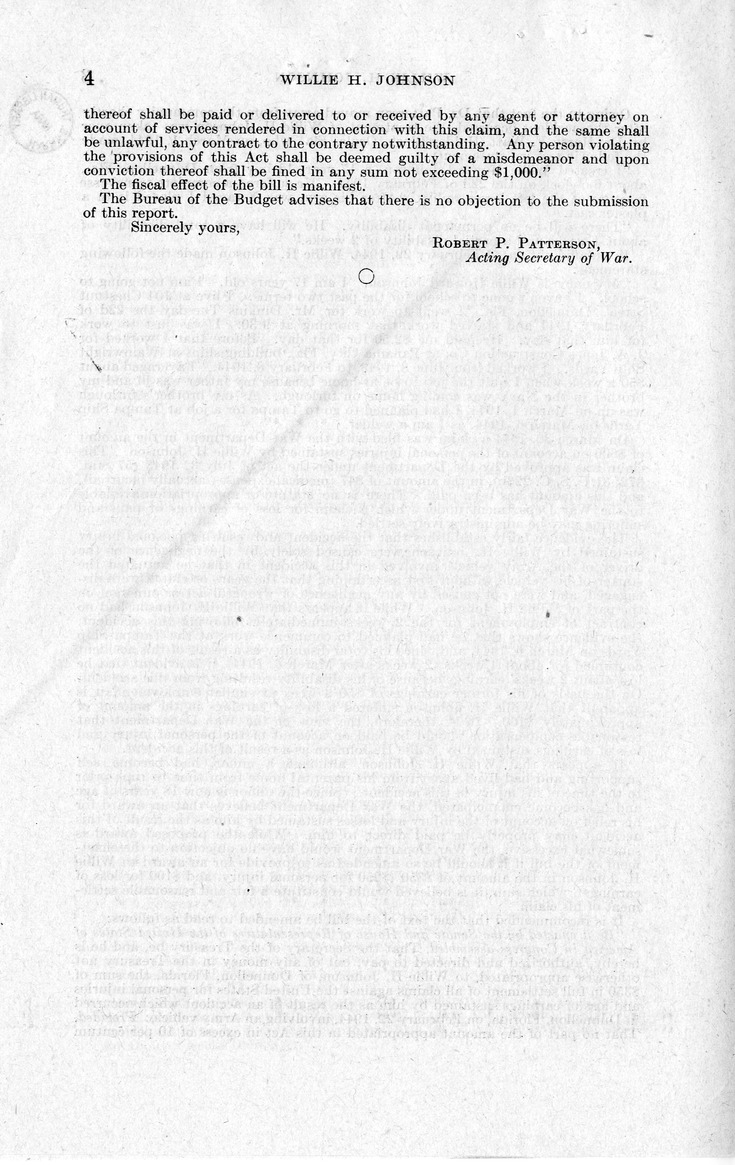 Memorandum from Frederick J. Bailey to M. C. Latta, S. 1129, For the Relief of Willie H. Johnson, with Attachments