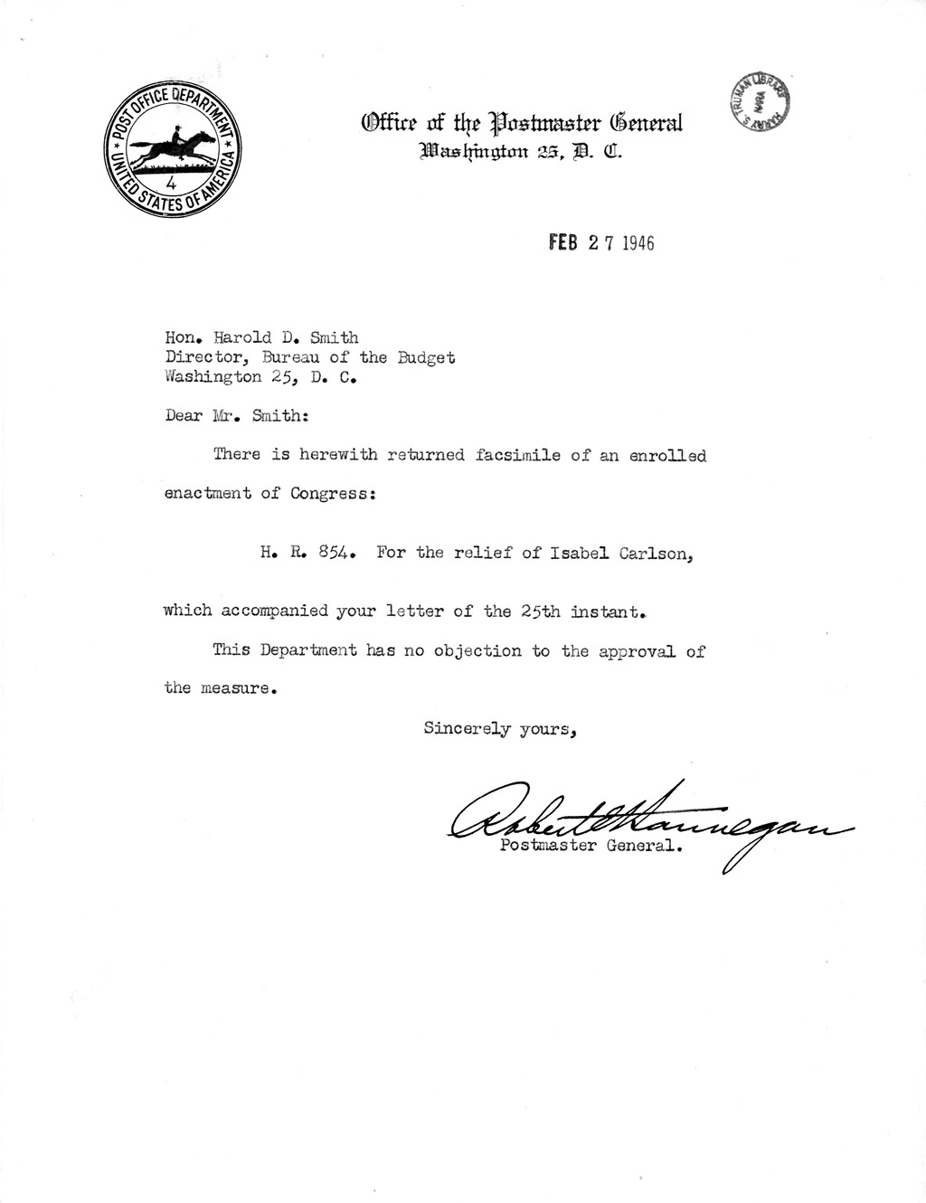 Memorandum from Harold D. Smith to M. C. Latta, H. R. 854, For the Relief of Isabel Carlson, with Attachments