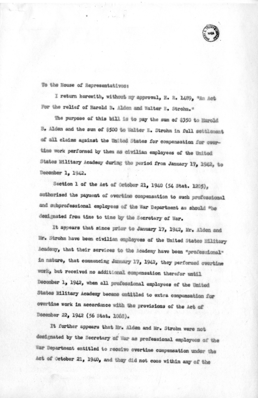 Memorandum from Harold D. Smith to M. C. Latta, H. R. 1489, For the Relief of Harold B. Alden and Walter E. Strohm, with Attachments