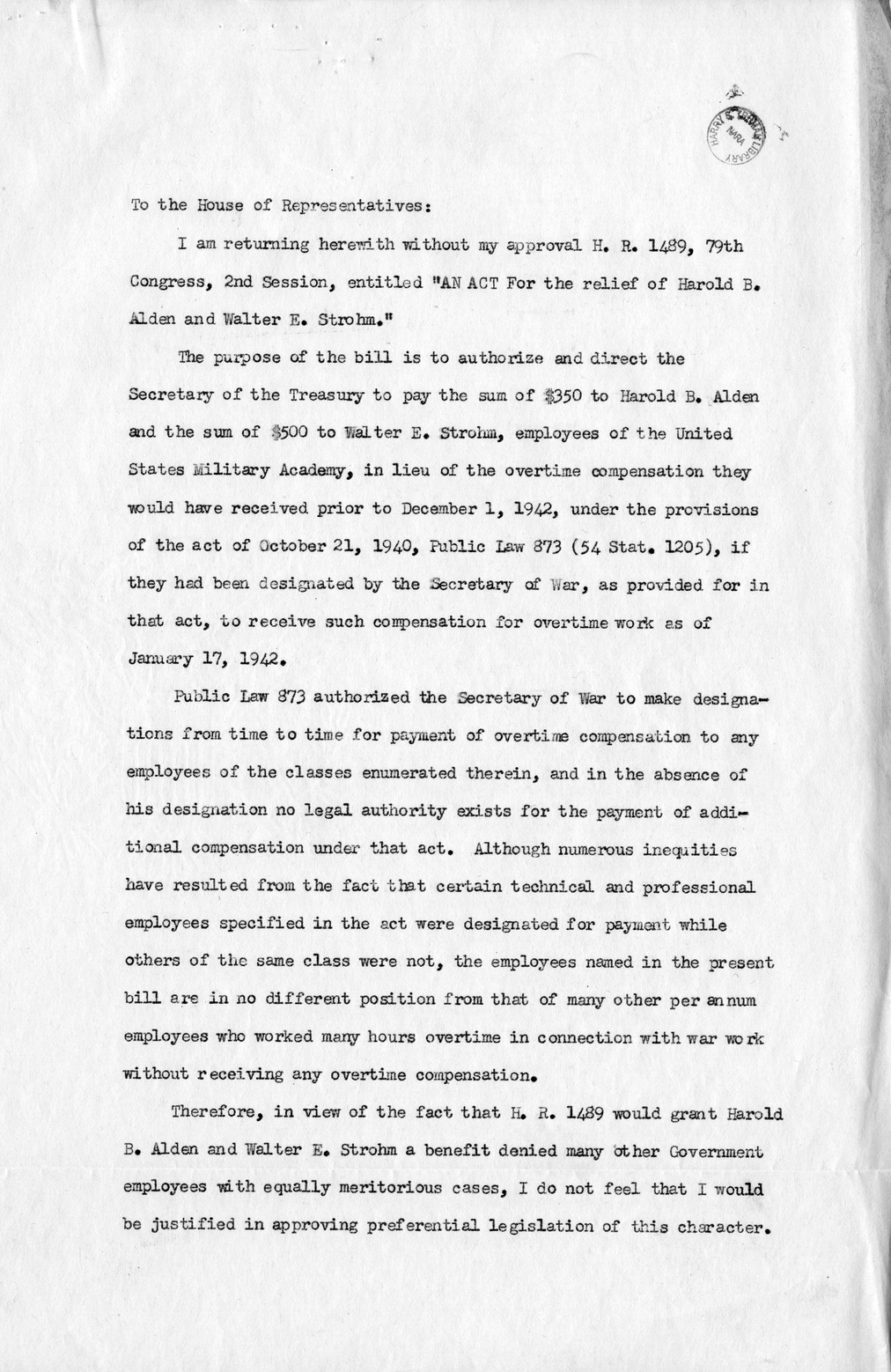 Memorandum from Harold D. Smith to M. C. Latta, H. R. 1489, For the Relief of Harold B. Alden and Walter E. Strohm, with Attachments