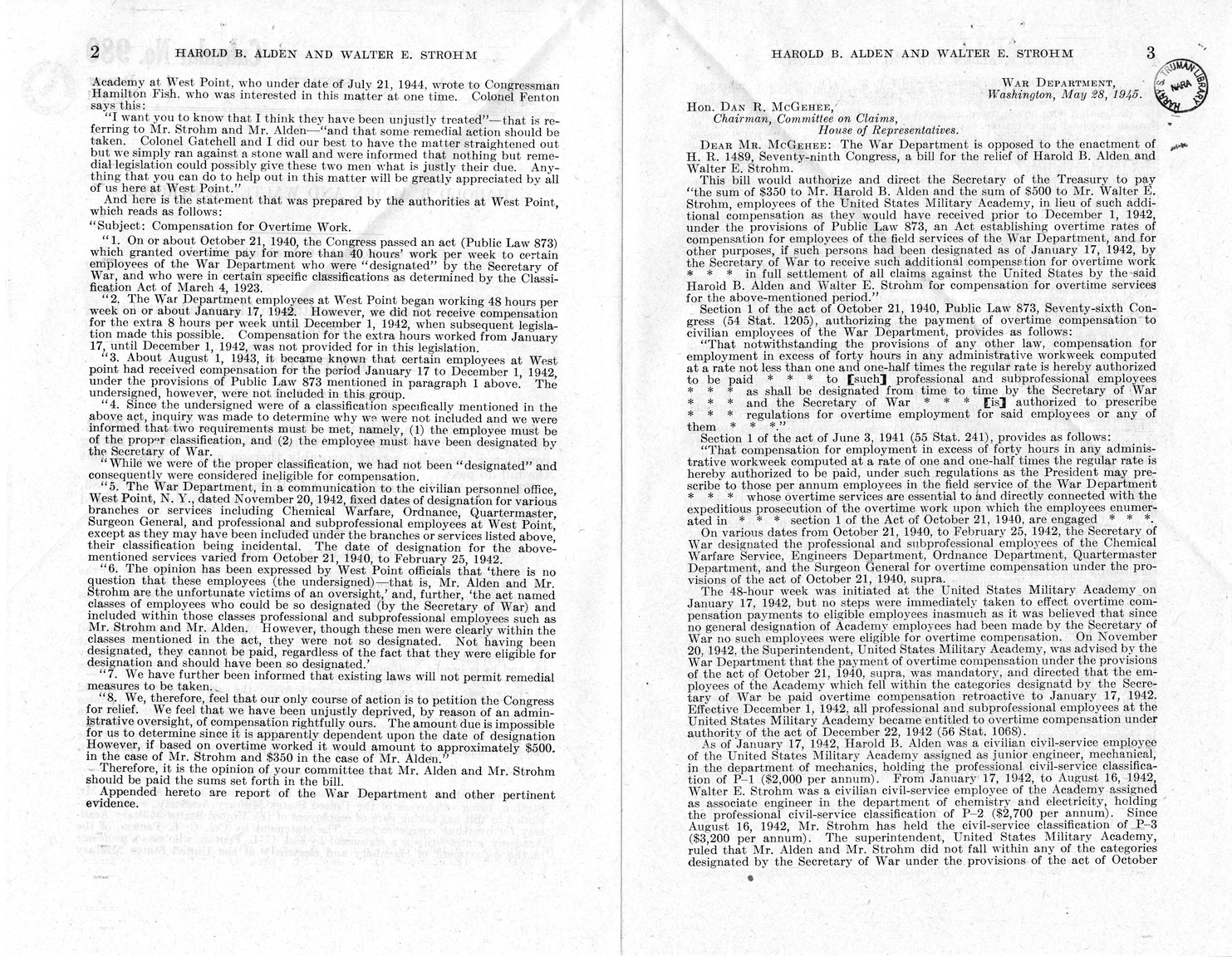 Memorandum from Harold D. Smith to M. C. Latta, H. R. 1489, For the Relief of Harold B. Alden and Walter E. Strohm, with Attachments