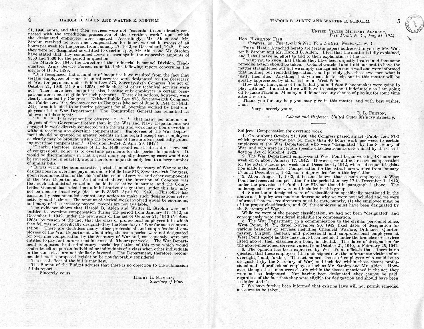 Memorandum from Harold D. Smith to M. C. Latta, H. R. 1489, For the Relief of Harold B. Alden and Walter E. Strohm, with Attachments