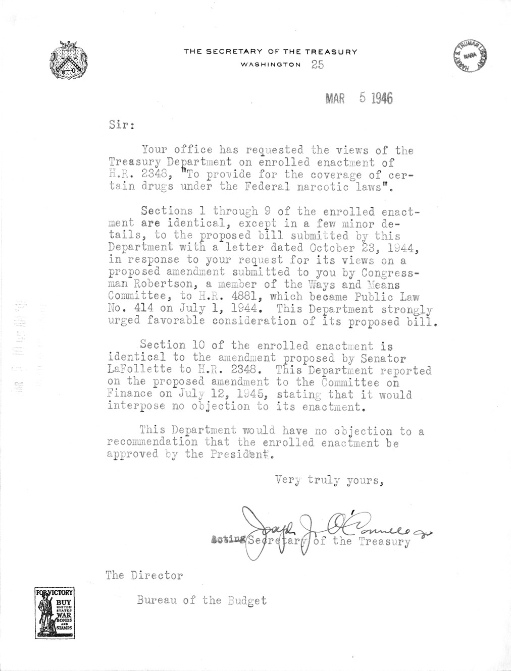 Memorandum from Harold D. Smith to M. C. Latta, H. R. 2348, To Provide for the Coverage of Certain Drugs Under the Federal Narcotic Laws, with Attachments