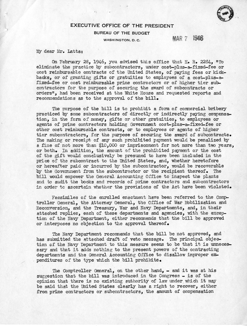 Memorandum from Harold D. Smith to M. C. Latta, H. R. 2284, To Eliminate the Practice by Subcontractors, Under Cost-Plus-a-Fixed-Fee or Cost Reimbursable Contracts of the United States, of Paying Fees or Kickbacks, with Attachments