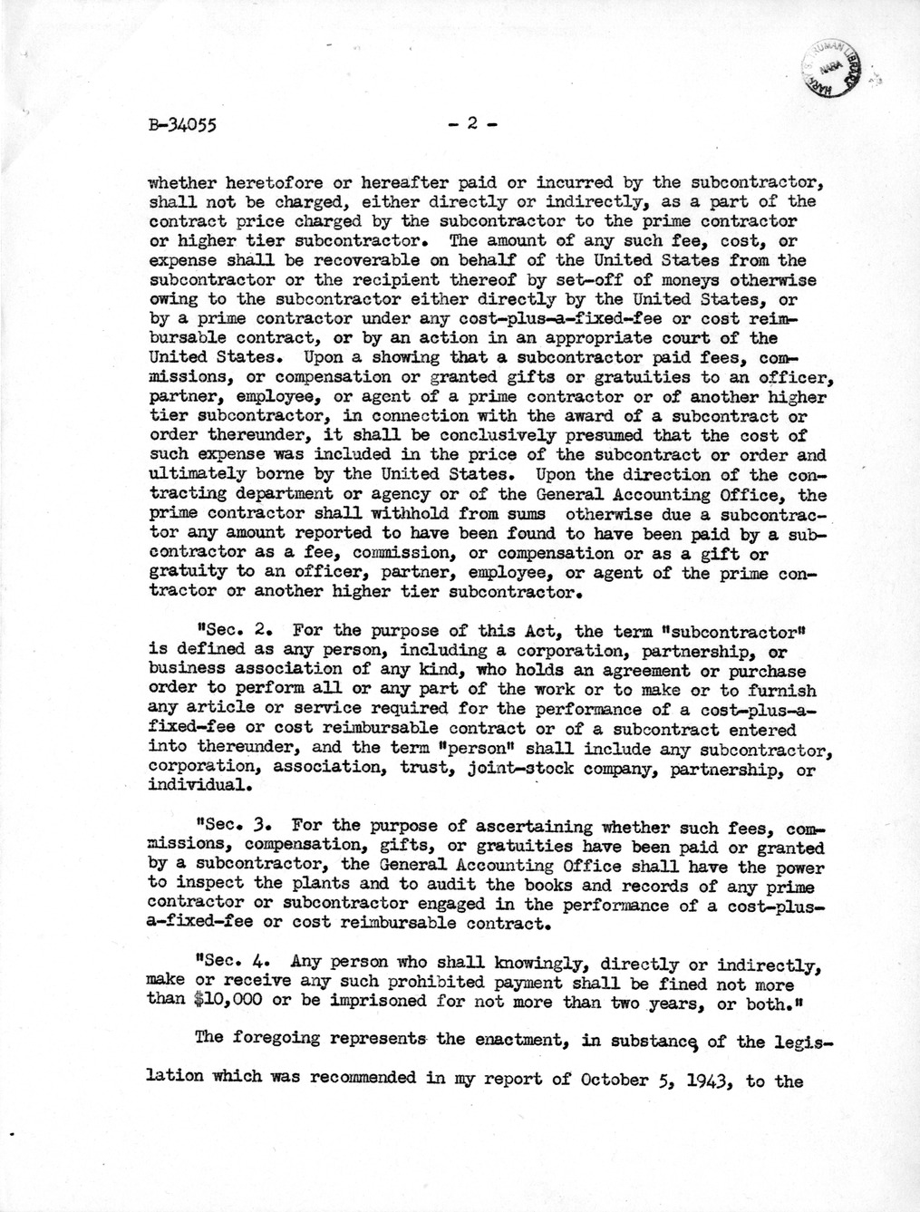 Memorandum from Harold D. Smith to M. C. Latta, H. R. 2284, To Eliminate the Practice by Subcontractors, Under Cost-Plus-a-Fixed-Fee or Cost Reimbursable Contracts of the United States, of Paying Fees or Kickbacks, with Attachments