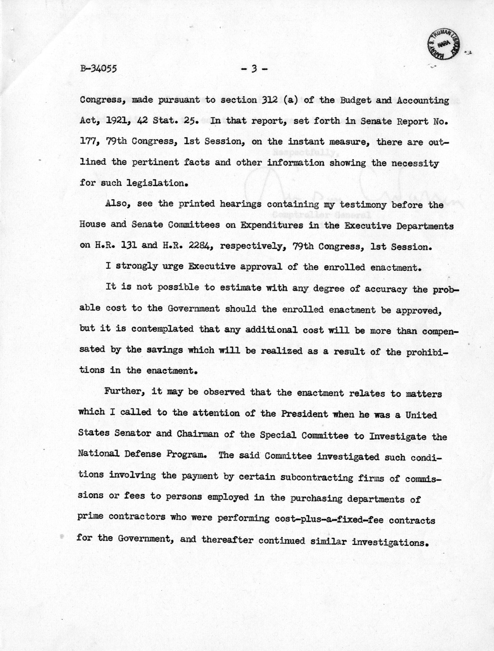 Memorandum from Harold D. Smith to M. C. Latta, H. R. 2284, To Eliminate the Practice by Subcontractors, Under Cost-Plus-a-Fixed-Fee or Cost Reimbursable Contracts of the United States, of Paying Fees or Kickbacks, with Attachments