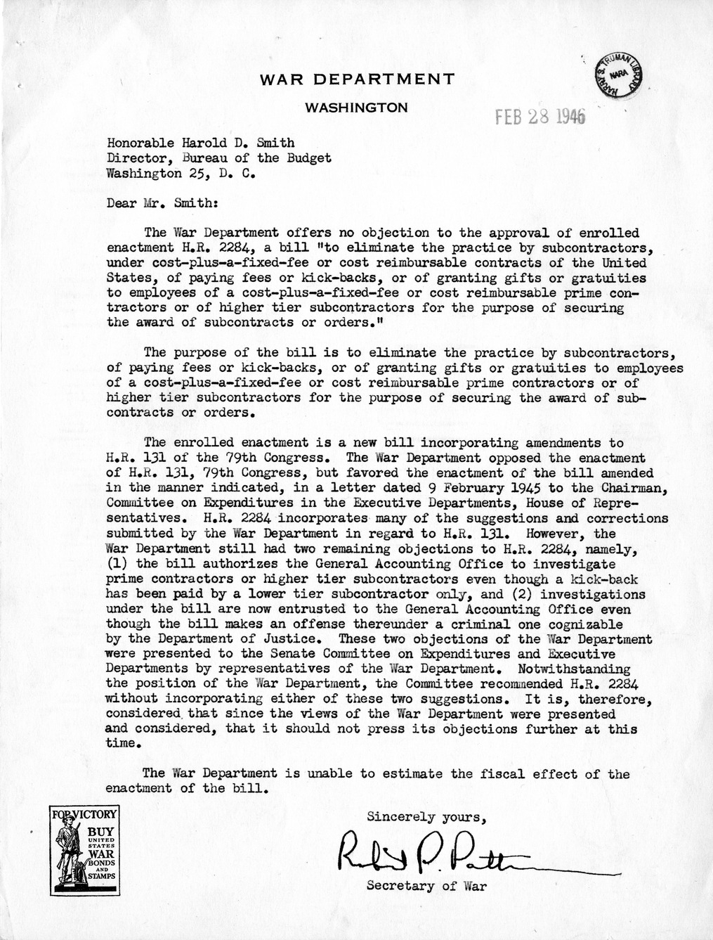 Memorandum from Harold D. Smith to M. C. Latta, H. R. 2284, To Eliminate the Practice by Subcontractors, Under Cost-Plus-a-Fixed-Fee or Cost Reimbursable Contracts of the United States, of Paying Fees or Kickbacks, with Attachments