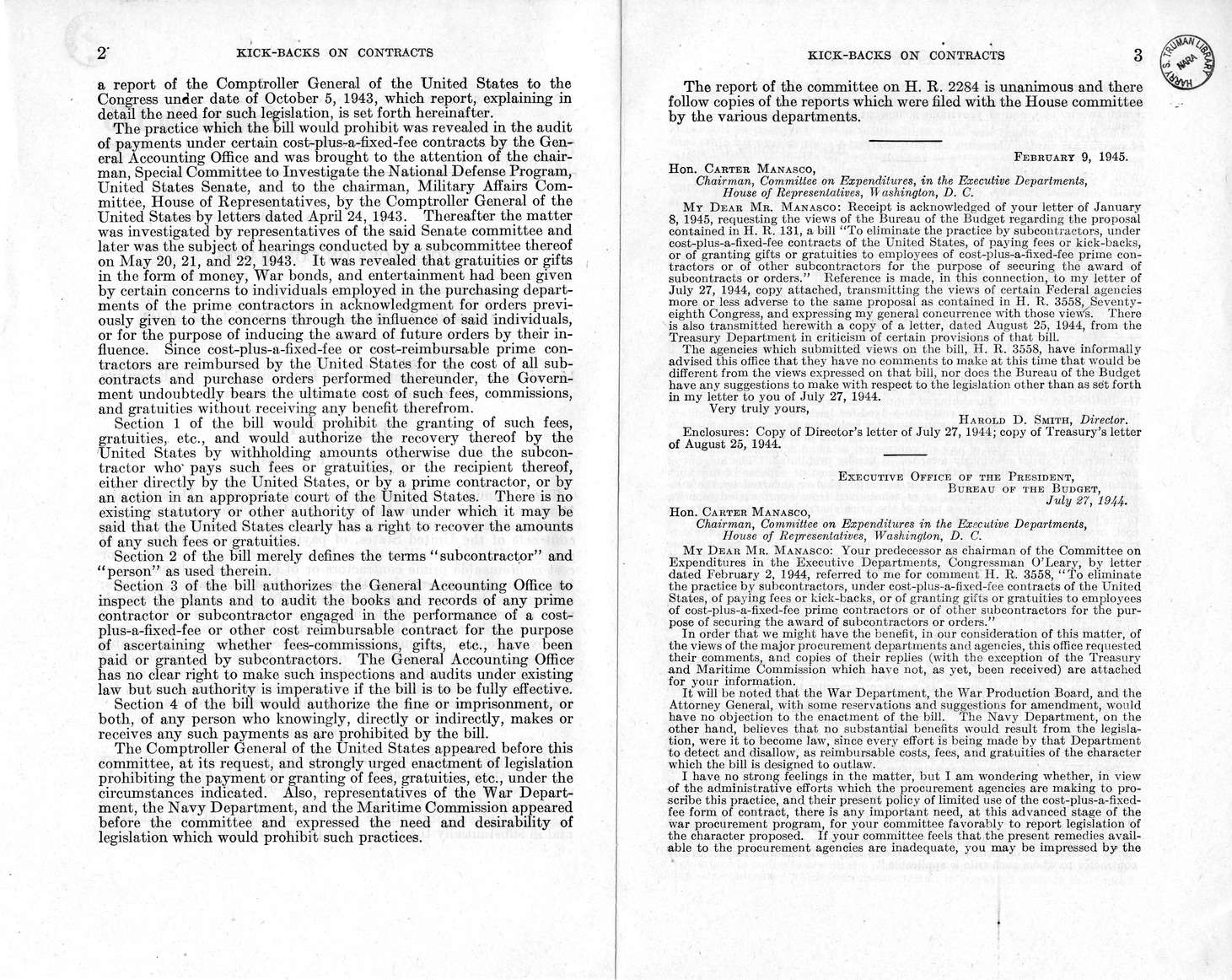 Memorandum from Harold D. Smith to M. C. Latta, H. R. 2284, To Eliminate the Practice by Subcontractors, Under Cost-Plus-a-Fixed-Fee or Cost Reimbursable Contracts of the United States, of Paying Fees or Kickbacks, with Attachments