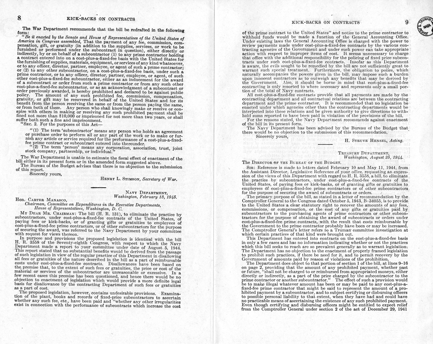 Memorandum from Harold D. Smith to M. C. Latta, H. R. 2284, To Eliminate the Practice by Subcontractors, Under Cost-Plus-a-Fixed-Fee or Cost Reimbursable Contracts of the United States, of Paying Fees or Kickbacks, with Attachments