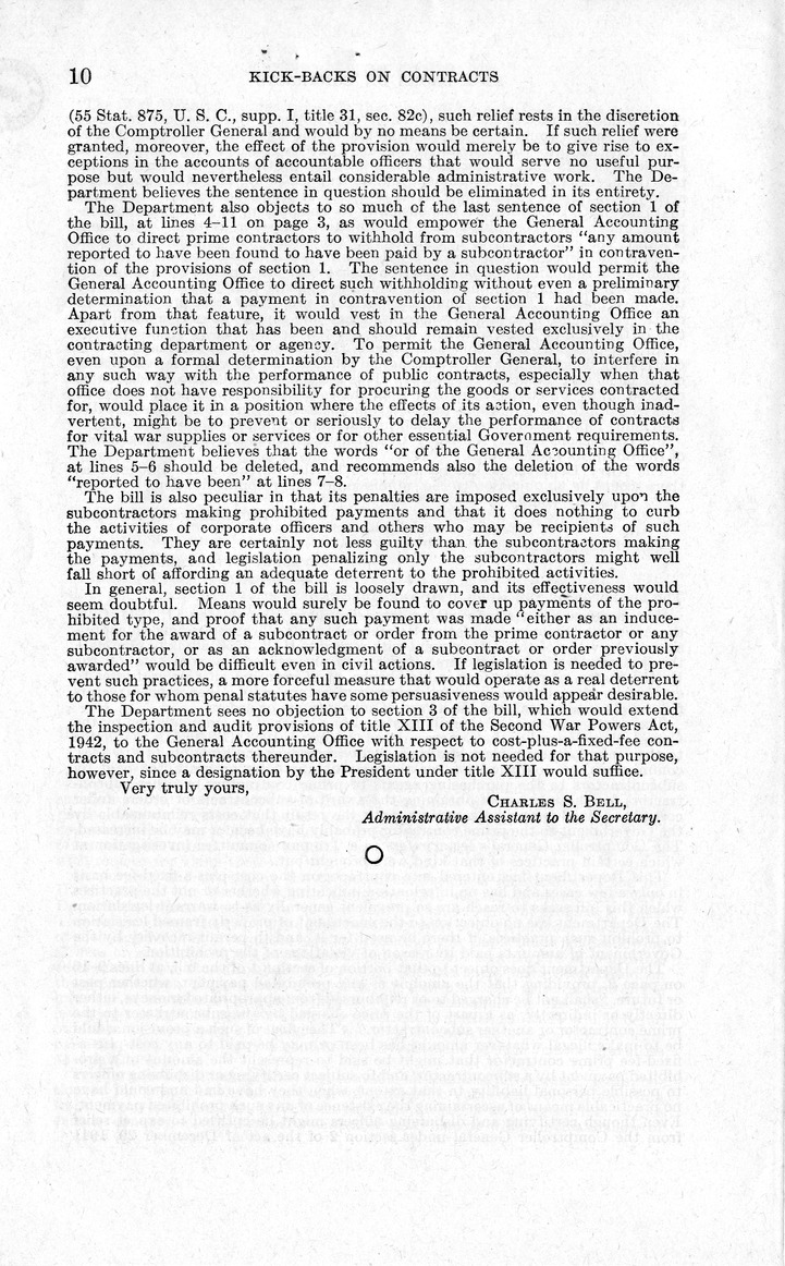 Memorandum from Harold D. Smith to M. C. Latta, H. R. 2284, To Eliminate the Practice by Subcontractors, Under Cost-Plus-a-Fixed-Fee or Cost Reimbursable Contracts of the United States, of Paying Fees or Kickbacks, with Attachments