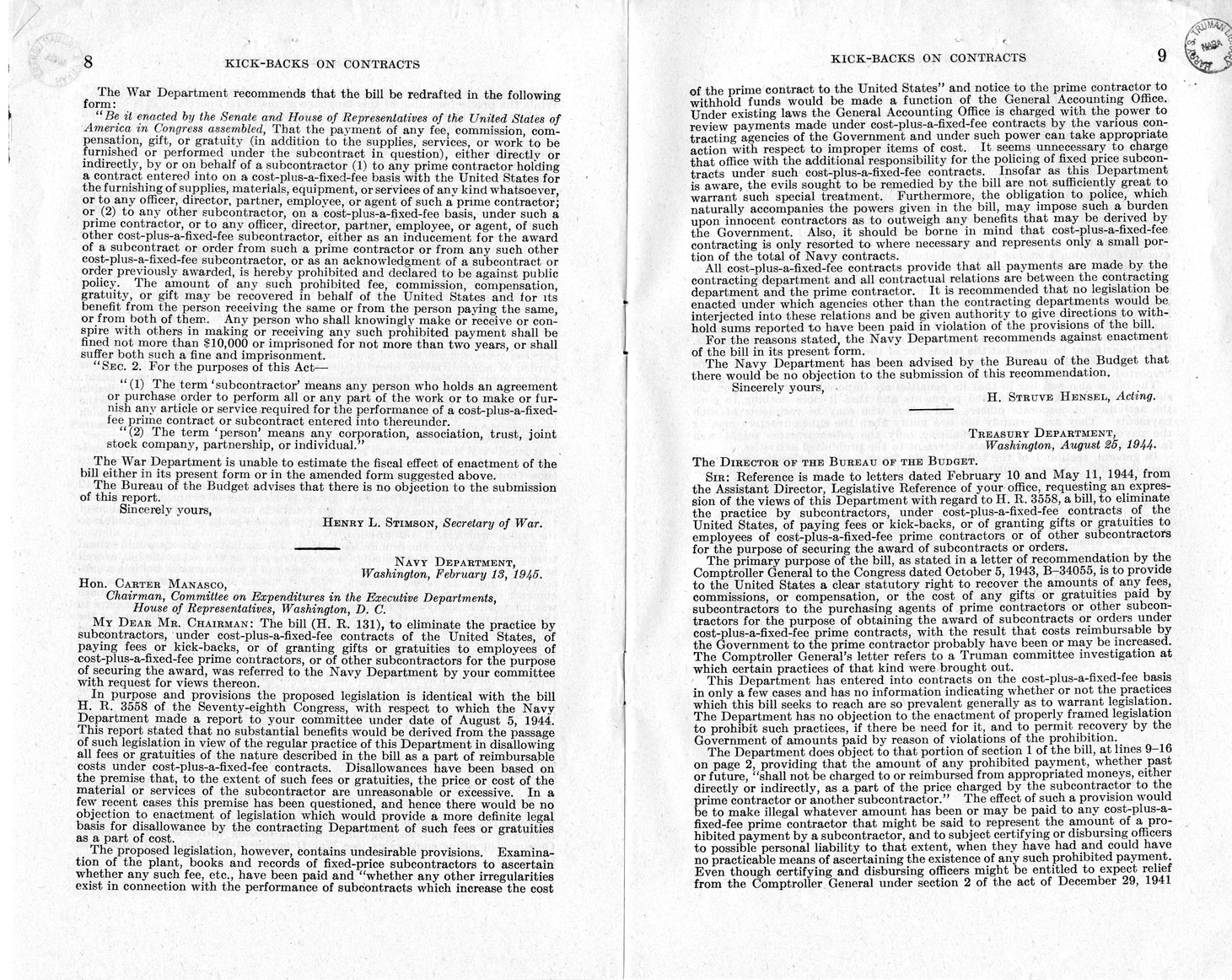 Memorandum from Harold D. Smith to M. C. Latta, H. R. 2284, To Eliminate the Practice by Subcontractors, Under Cost-Plus-a-Fixed-Fee or Cost Reimbursable Contracts of the United States, of Paying Fees or Kickbacks, with Attachments