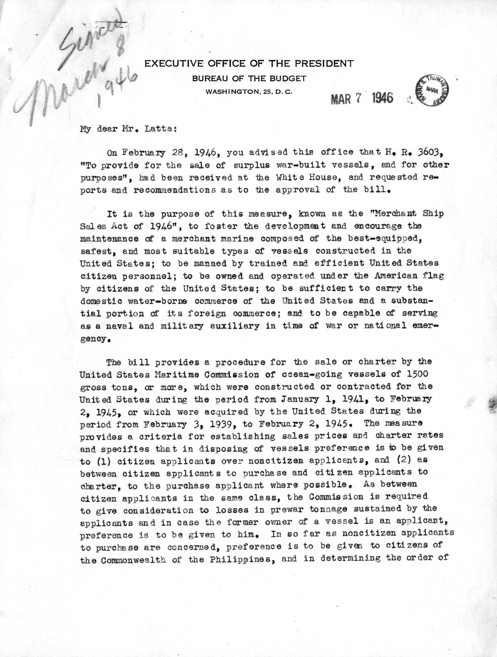 Memorandum from Harold D. Smith to M. C. Latta, H. R. 3603, To Provide for the Sale of Surplus War-Built Vessels, with Attachments