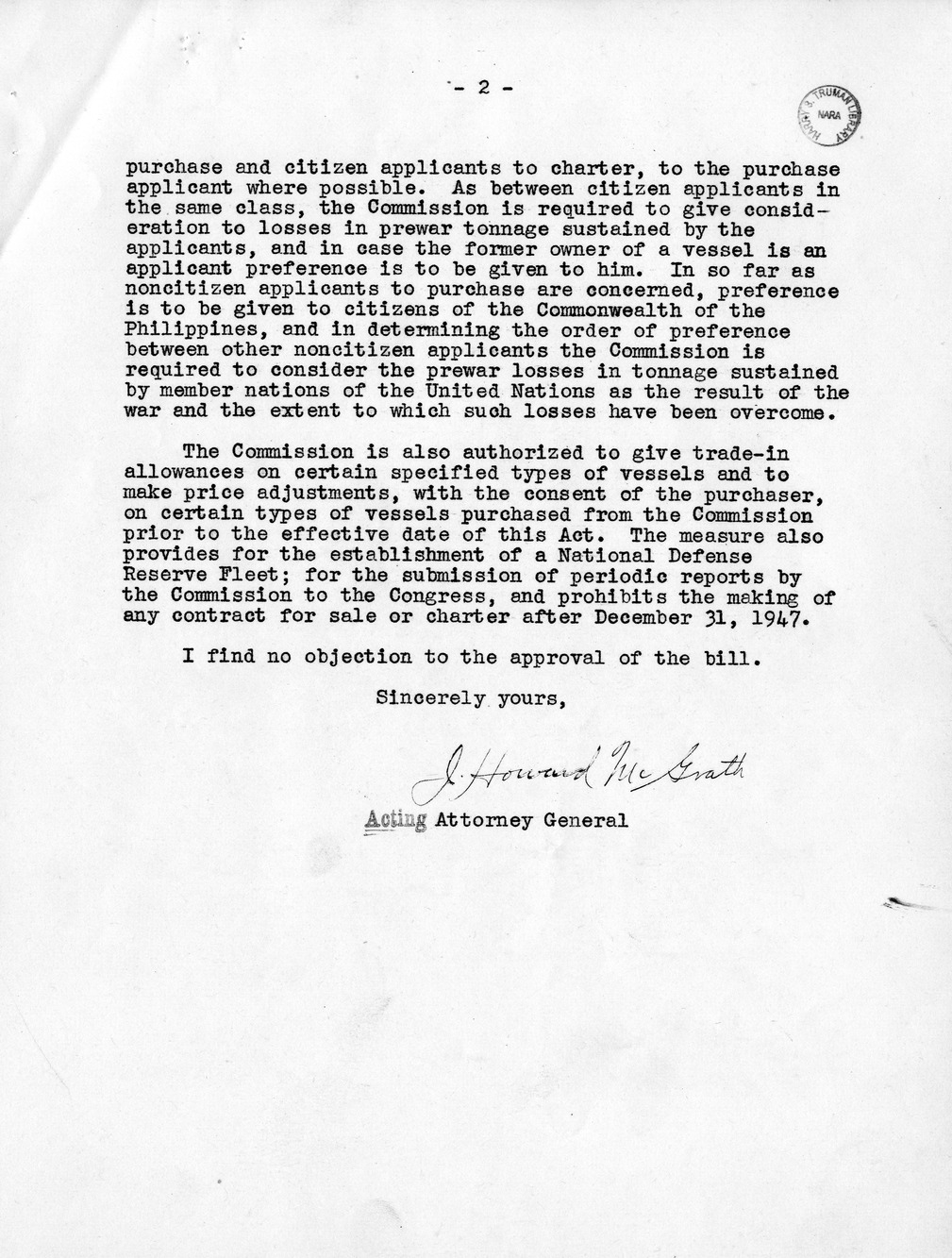 Memorandum from Harold D. Smith to M. C. Latta, H. R. 3603, To Provide for the Sale of Surplus War-Built Vessels, with Attachments