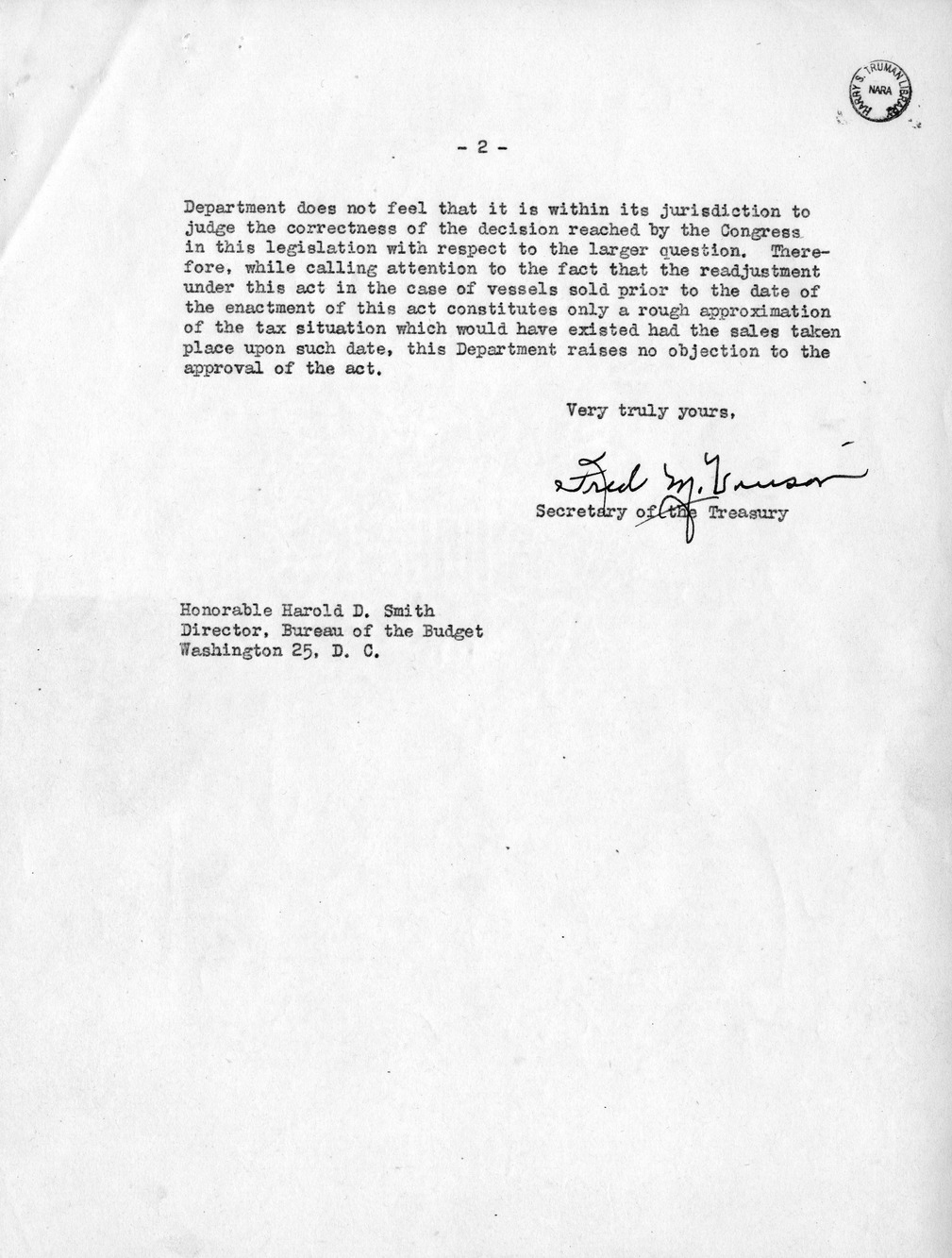 Memorandum from Harold D. Smith to M. C. Latta, H. R. 3603, To Provide for the Sale of Surplus War-Built Vessels, with Attachments