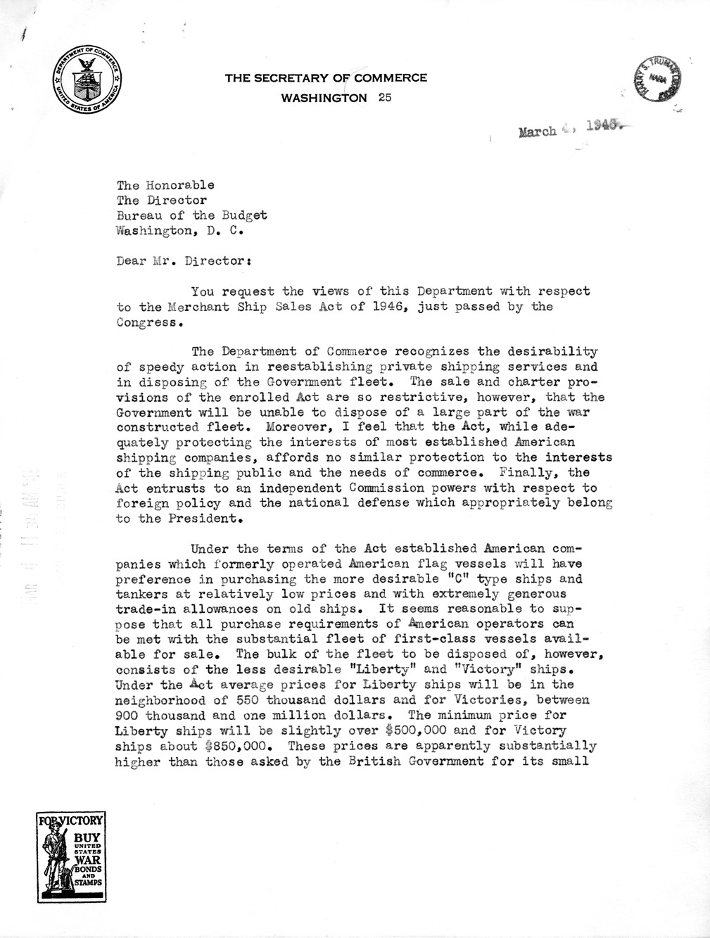 Memorandum from Harold D. Smith to M. C. Latta, H. R. 3603, To Provide for the Sale of Surplus War-Built Vessels, with Attachments