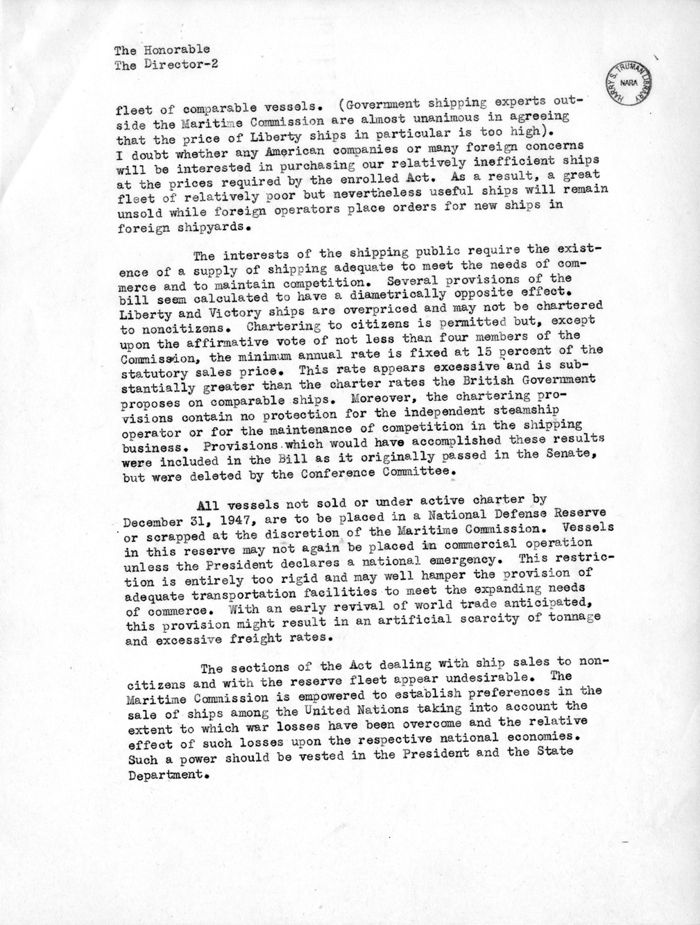 Memorandum from Harold D. Smith to M. C. Latta, H. R. 3603, To Provide for the Sale of Surplus War-Built Vessels, with Attachments