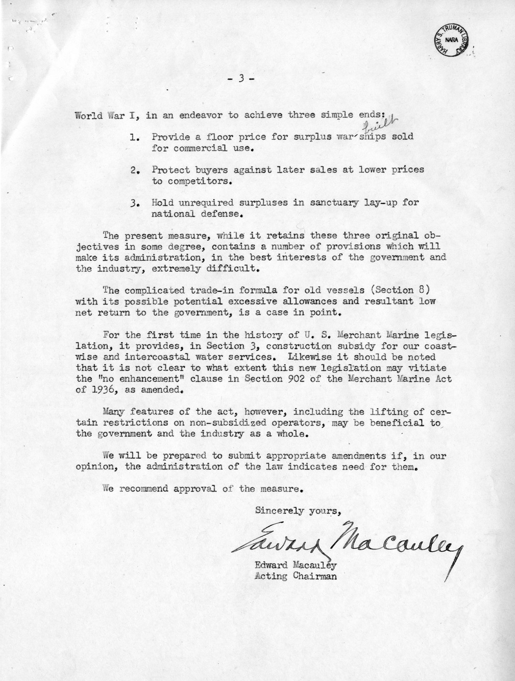 Memorandum from Harold D. Smith to M. C. Latta, H. R. 3603, To Provide for the Sale of Surplus War-Built Vessels, with Attachments