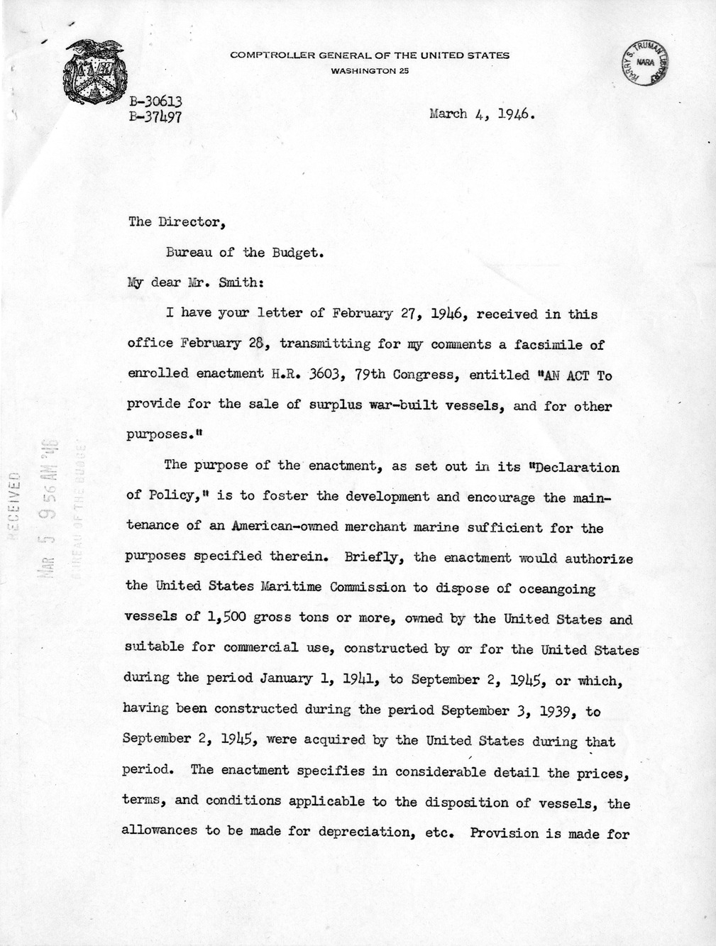 Memorandum from Harold D. Smith to M. C. Latta, H. R. 3603, To Provide for the Sale of Surplus War-Built Vessels, with Attachments