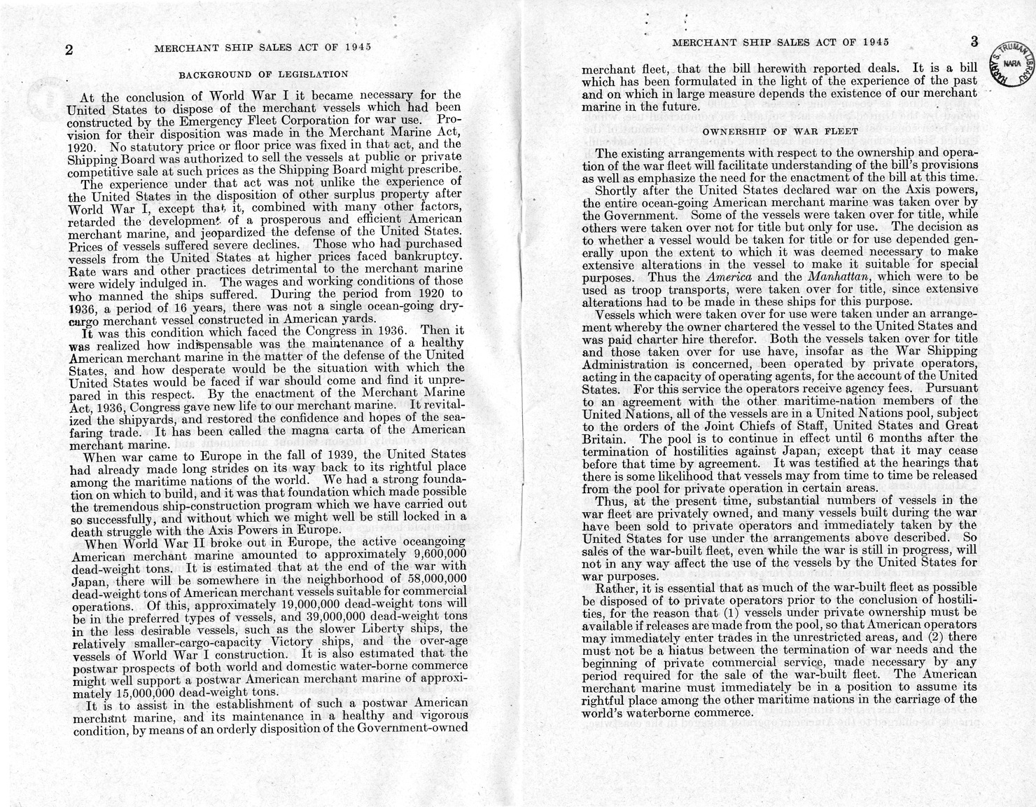 Memorandum from Harold D. Smith to M. C. Latta, H. R. 3603, To Provide for the Sale of Surplus War-Built Vessels, with Attachments