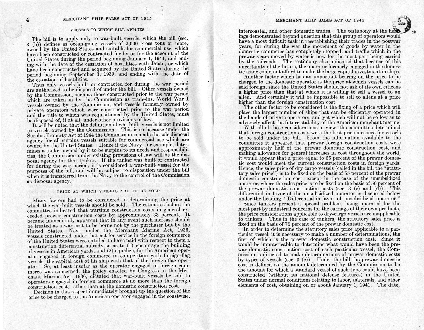 Memorandum from Harold D. Smith to M. C. Latta, H. R. 3603, To Provide for the Sale of Surplus War-Built Vessels, with Attachments