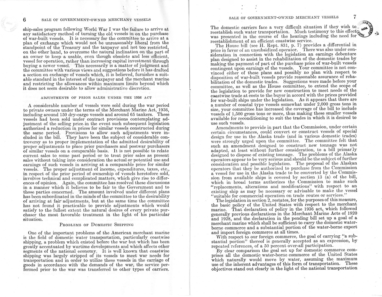 Memorandum from Harold D. Smith to M. C. Latta, H. R. 3603, To Provide for the Sale of Surplus War-Built Vessels, with Attachments