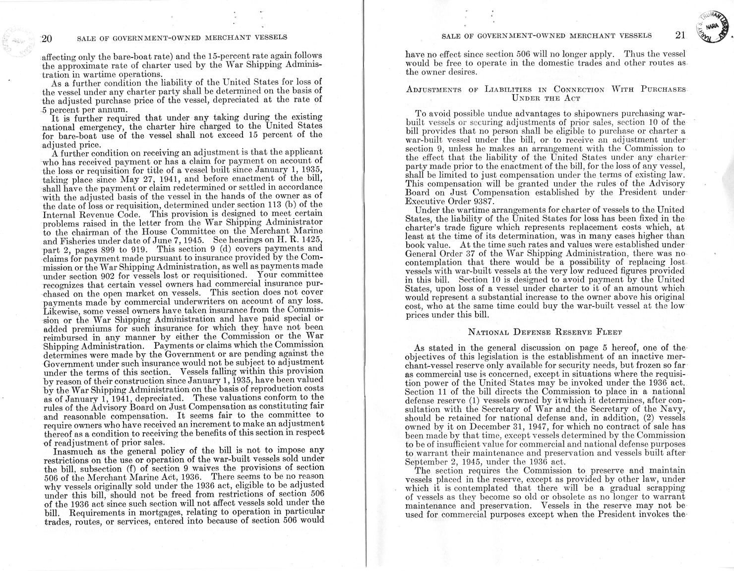 Memorandum from Harold D. Smith to M. C. Latta, H. R. 3603, To Provide for the Sale of Surplus War-Built Vessels, with Attachments