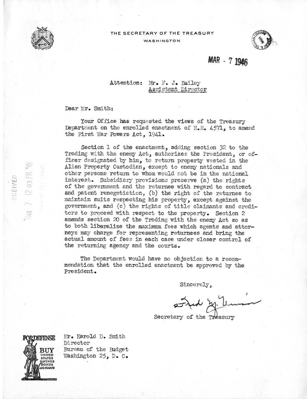 Memorandum from Harold D. Smith to M. C. Latta, H. R. 4571, To Amend the First War Powers Act, 1941, with Attachments