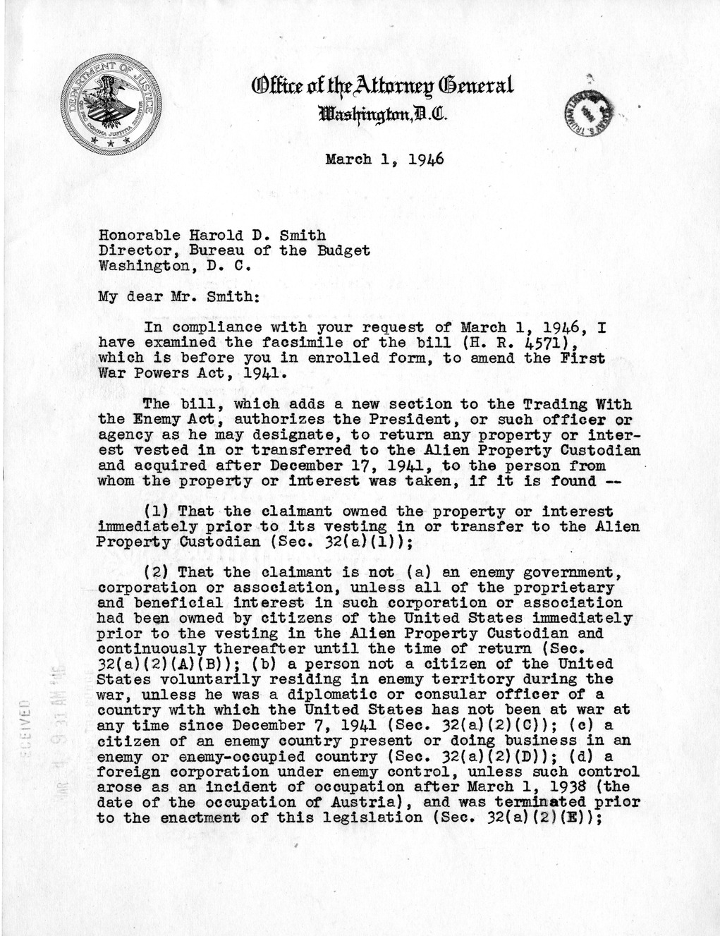 Memorandum from Harold D. Smith to M. C. Latta, H. R. 4571, To Amend the First War Powers Act, 1941, with Attachments