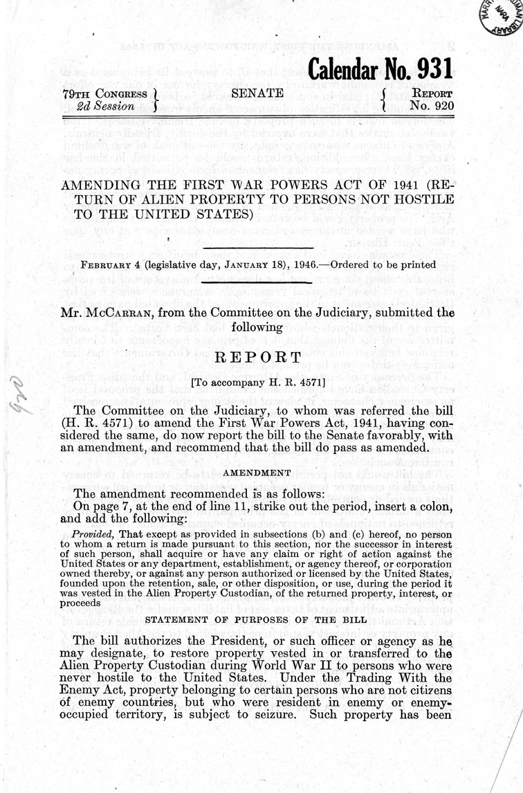 Memorandum from Harold D. Smith to M. C. Latta, H. R. 4571, To Amend the First War Powers Act, 1941, with Attachments