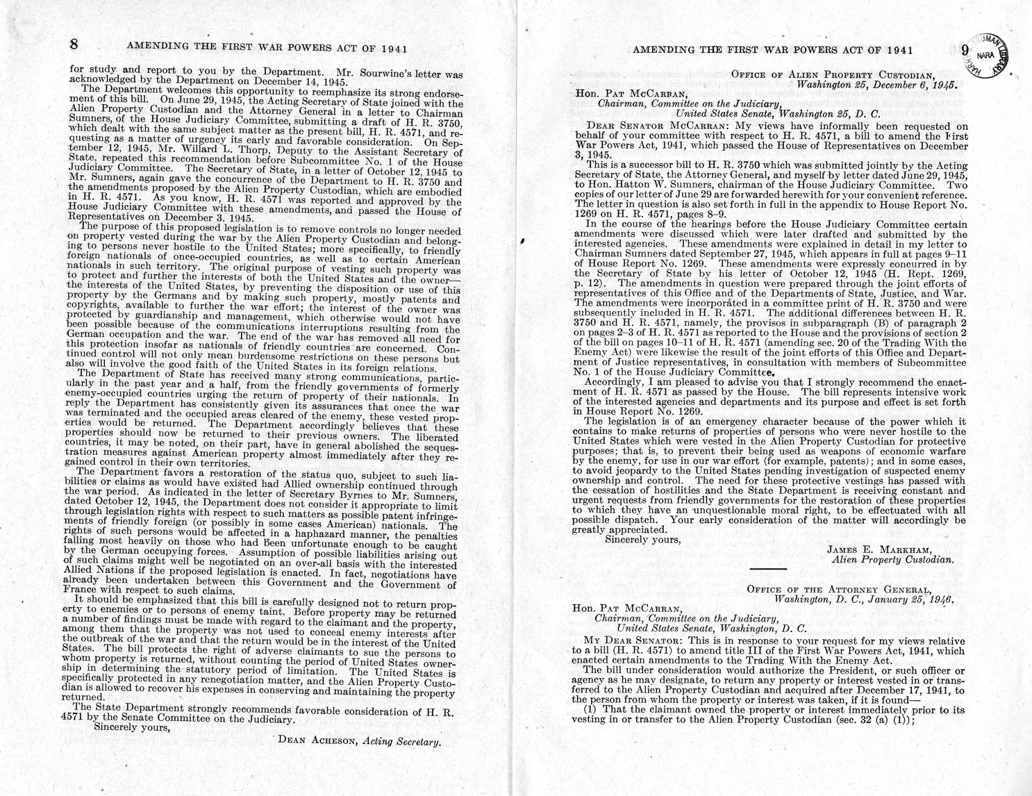 Memorandum from Harold D. Smith to M. C. Latta, H. R. 4571, To Amend the First War Powers Act, 1941, with Attachments