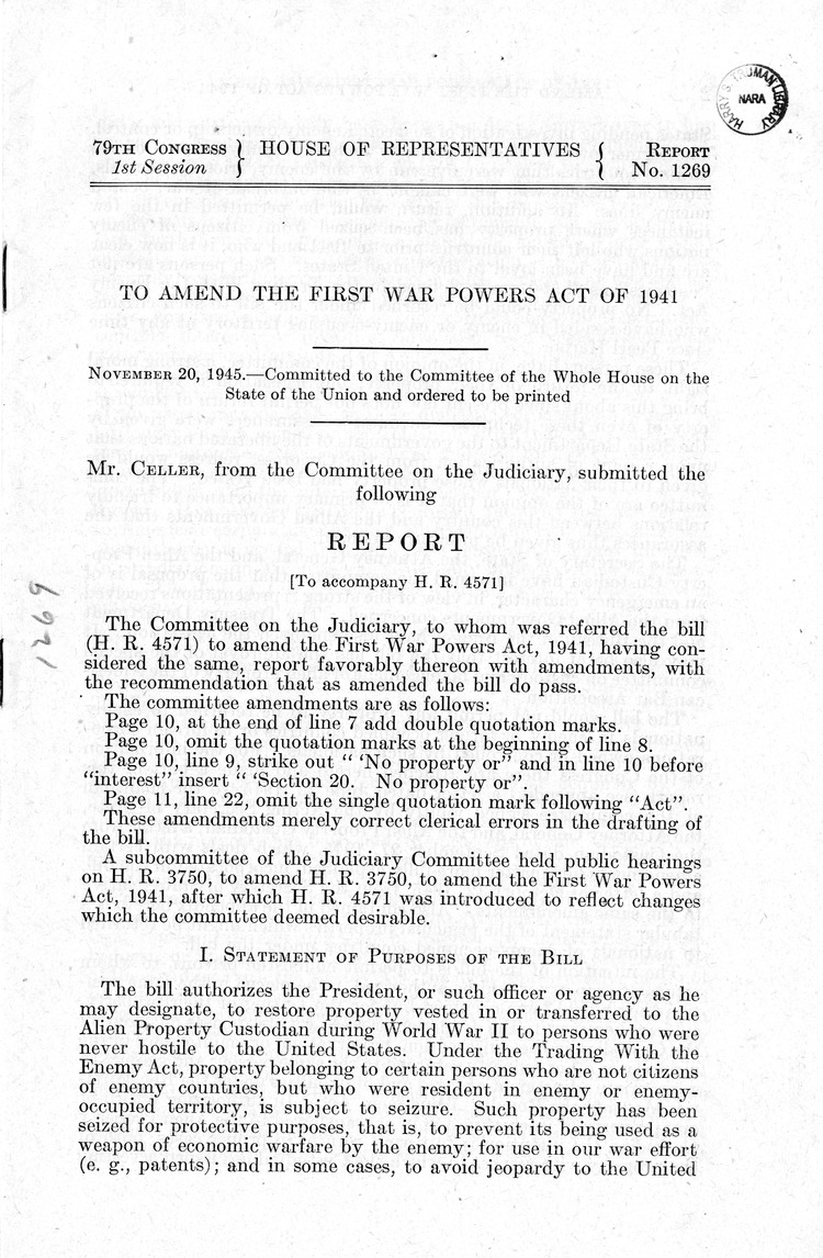 Memorandum from Harold D. Smith to M. C. Latta, H. R. 4571, To Amend the First War Powers Act, 1941, with Attachments