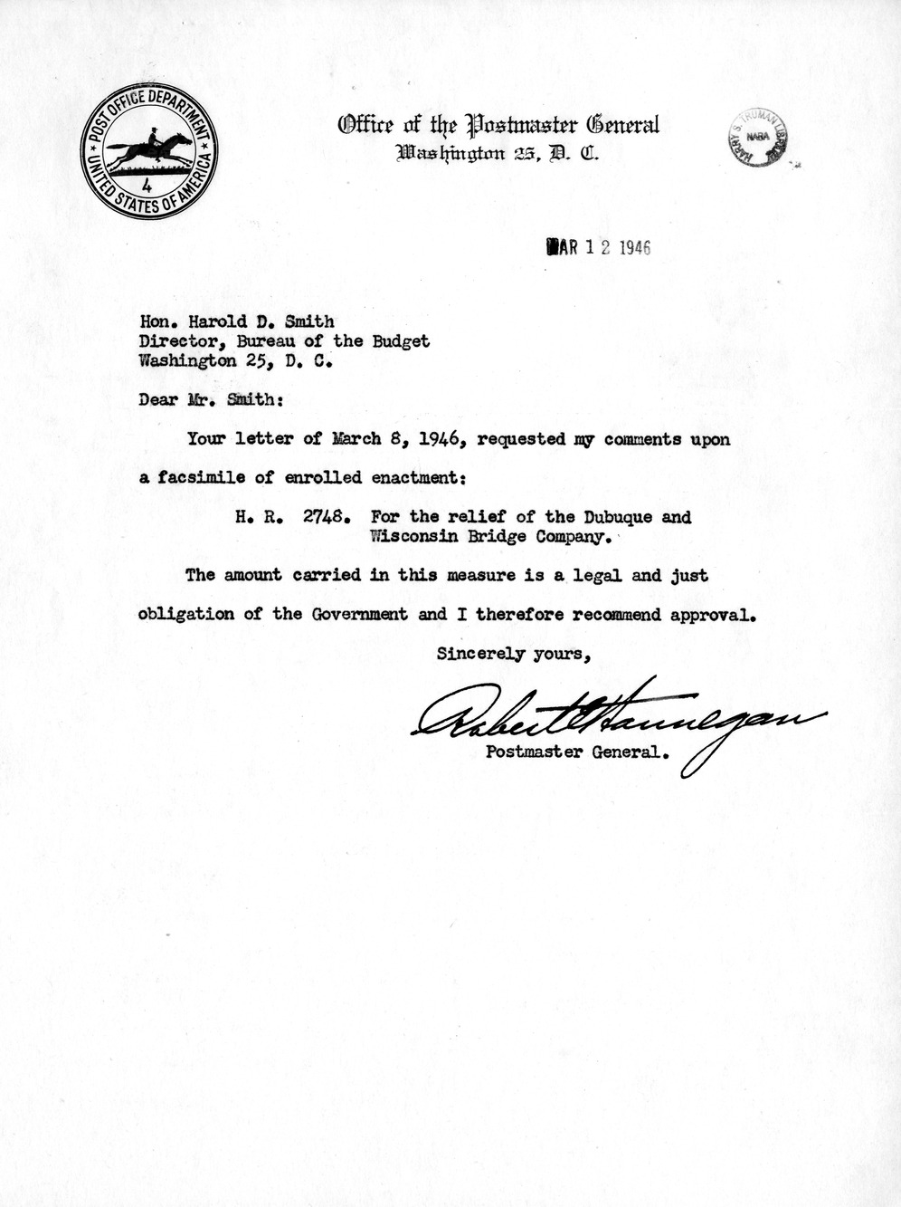 Memorandum from Frederick J. Bailey to M. C. Latta, H.R. 2748, For the Relief of the Dubuque and Wisconsin Bridge Company, with Attachments