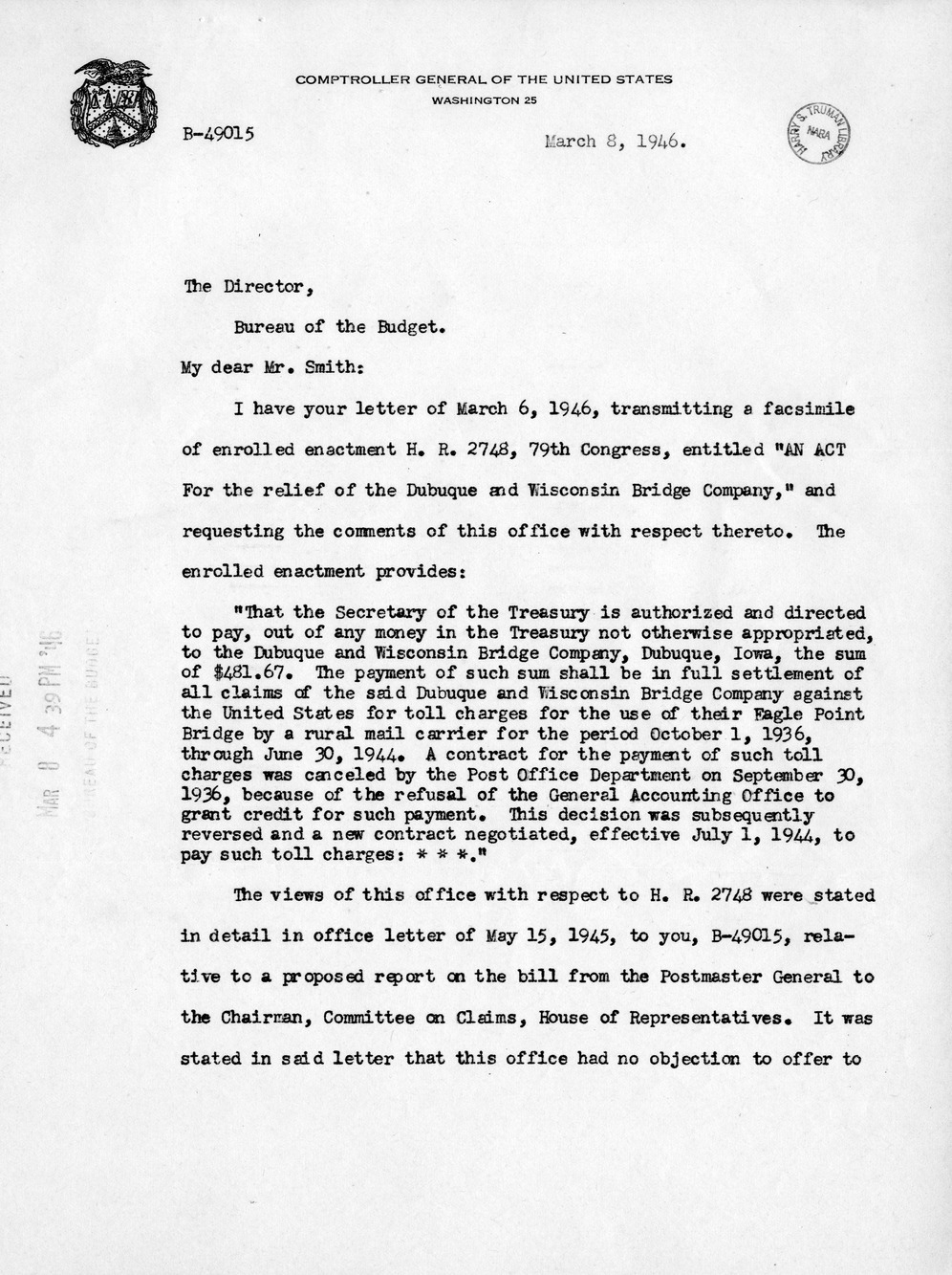 Memorandum from Frederick J. Bailey to M. C. Latta, H.R. 2748, For the Relief of the Dubuque and Wisconsin Bridge Company, with Attachments