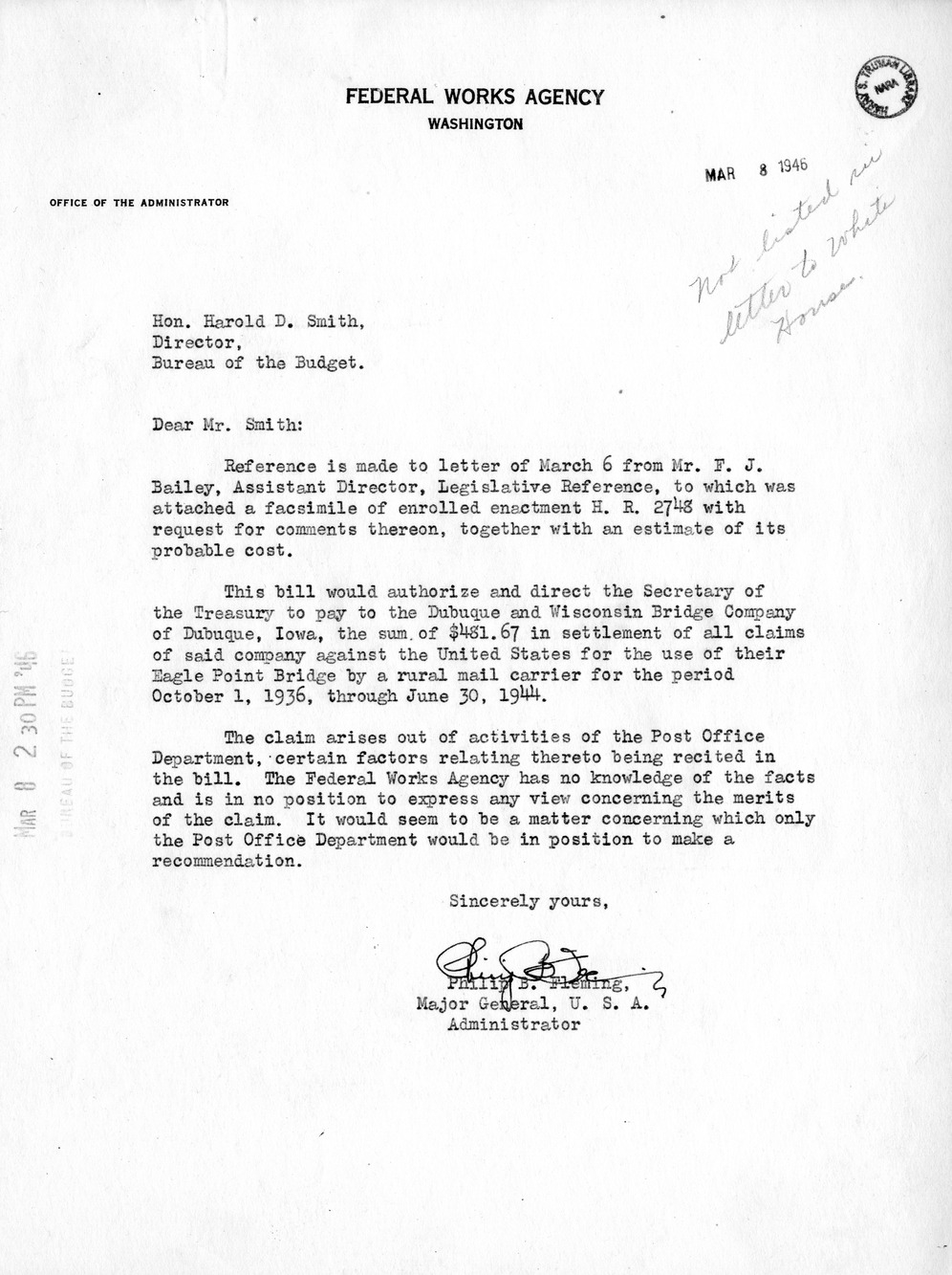 Memorandum from Frederick J. Bailey to M. C. Latta, H.R. 2748, For the Relief of the Dubuque and Wisconsin Bridge Company, with Attachments